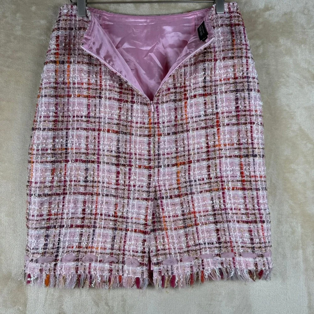 Rickie‎ Freeman Teri Jon Pink Tweed Wool Blend Plaid Fringe Bow Pencil Skirt 10